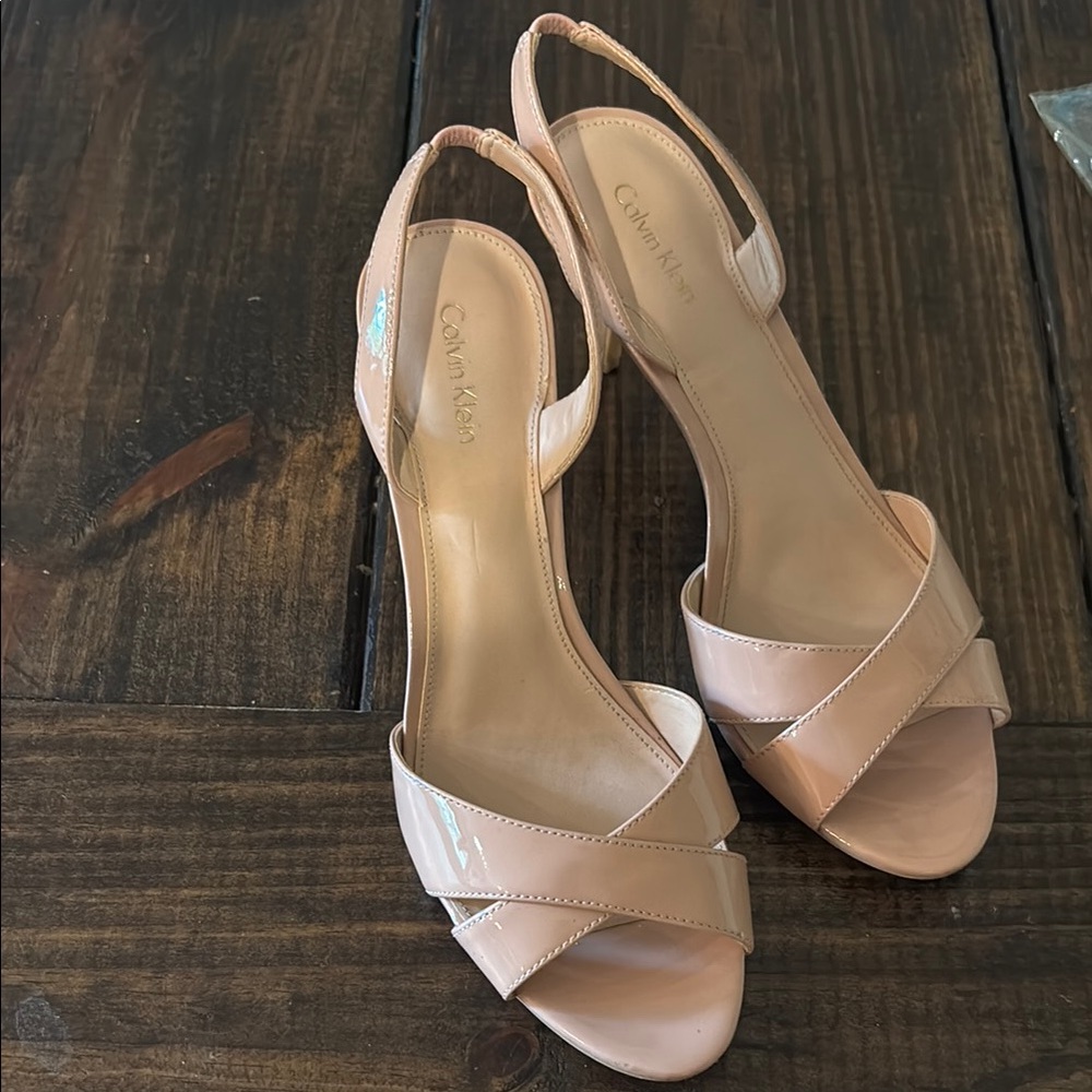 Calvin Klein Cream Peep-Toe Heels with Ankle Strap